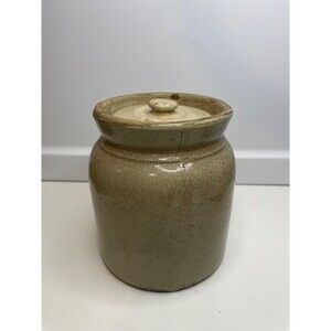 ANTIQUE STONEWEAR CROCK JAR Lid off-white Primitive Vintage Décor Country 5.75"H